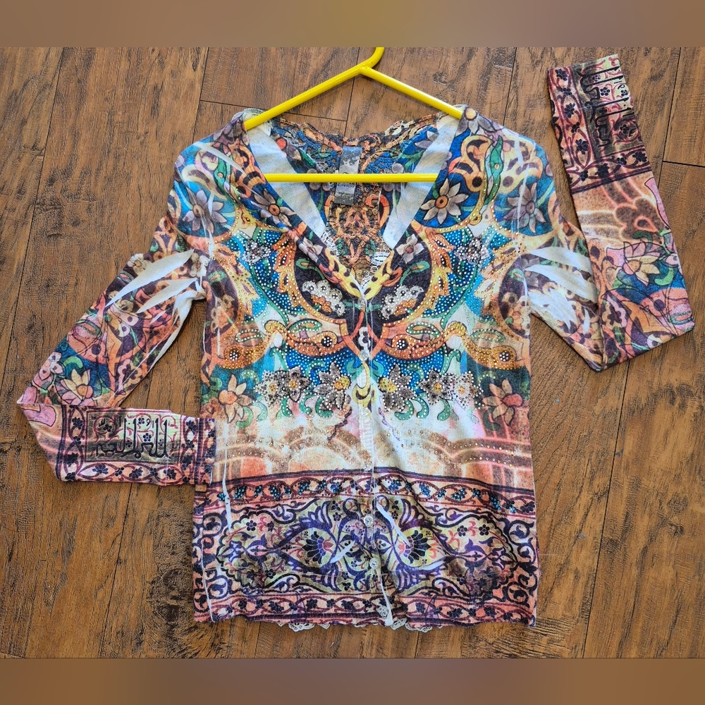 Y2K Button Up Knit Top V Neck Rhinestones/graphic Design Lace Back Long Sleeve L